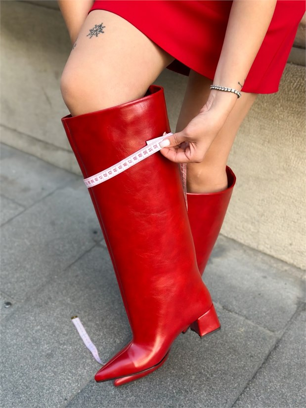 Kırmızı Cilt (Losy) XL Geniş Konç Kalın Bacak 5 Cm Topuklu Çizme