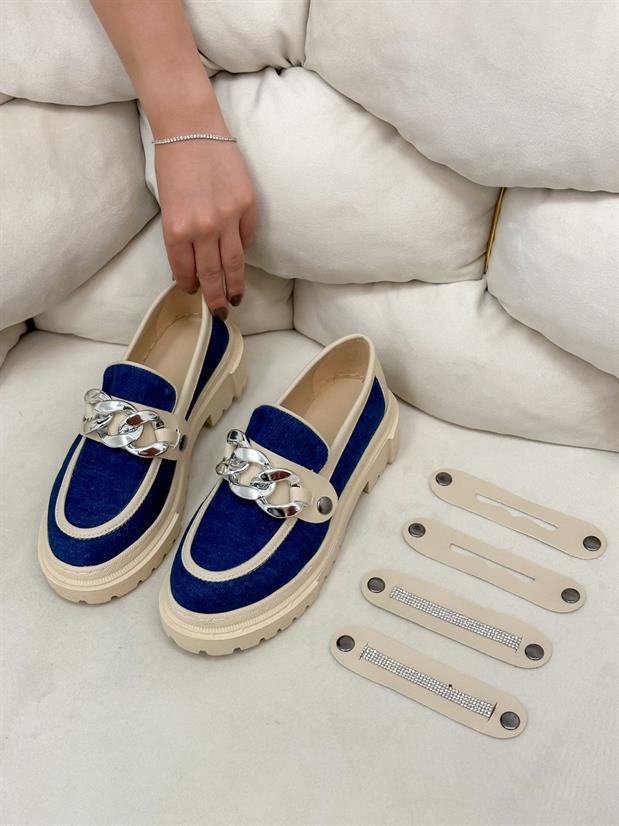 Kot Mavi (Fabio) Üç Tokalı Kadın Loafer