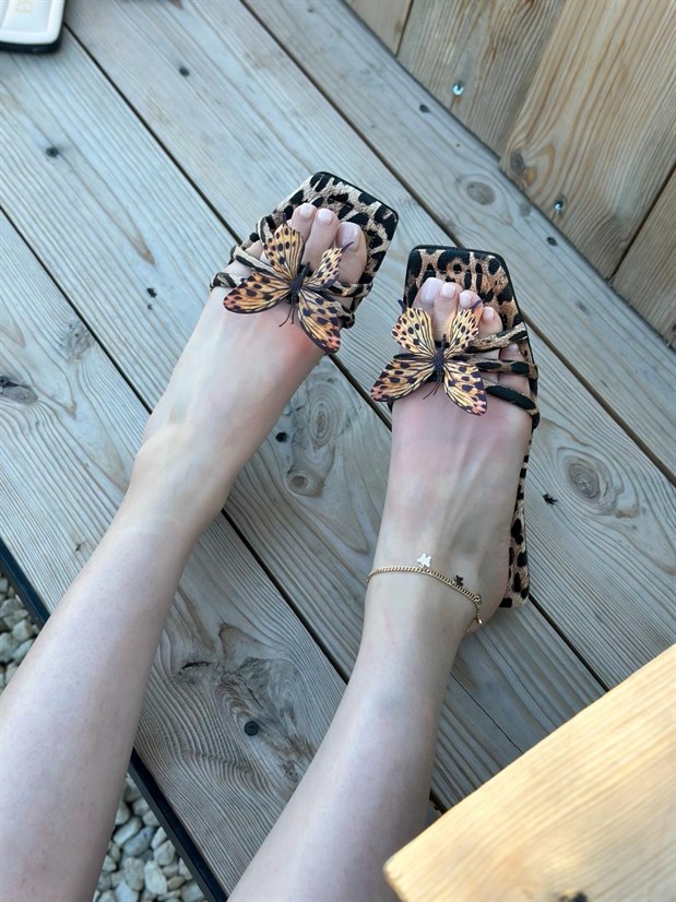 Leopar Cilt (Aisha) Leopar Kelebek Detay Kadın Terlik