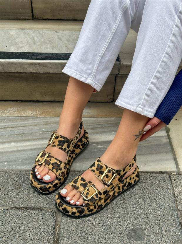 Leopar (Jenny) Gold Toka Detay Kadın Sandalet