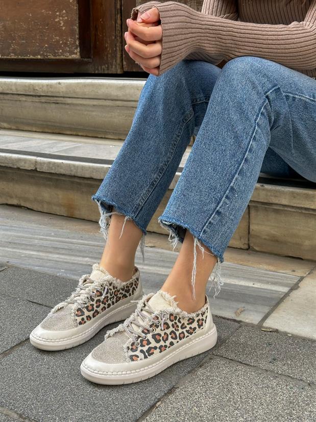 Leopar Keten (Jule) Taş Bağcıklı Kadın Sneakers