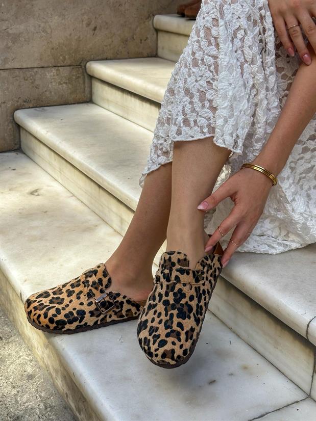 Leopar (Mell) Önü Kapalı Ayarlanan Tokalı Sabo Günlük Ev Terlik