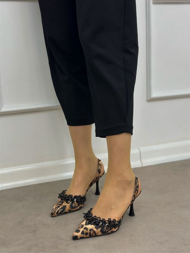 Leopar Saten (Cecily) İnci Detay Kadın Stiletto