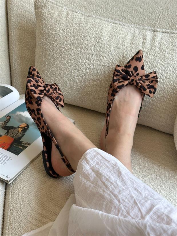 Leopar Saten (Miva) Kurdele Detay Lastikli Kadın Babet