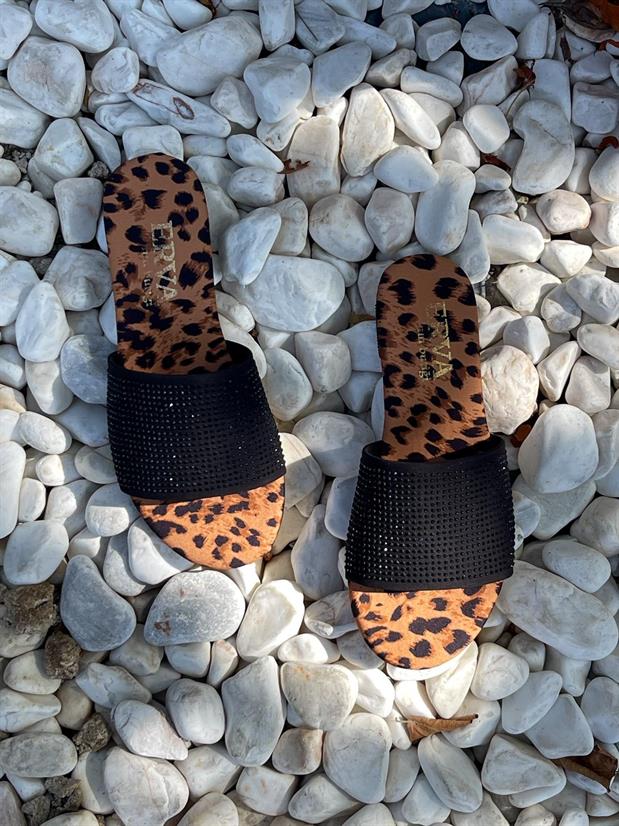 Leopar Saten (Vase) Taş Detay Kadın Terlik