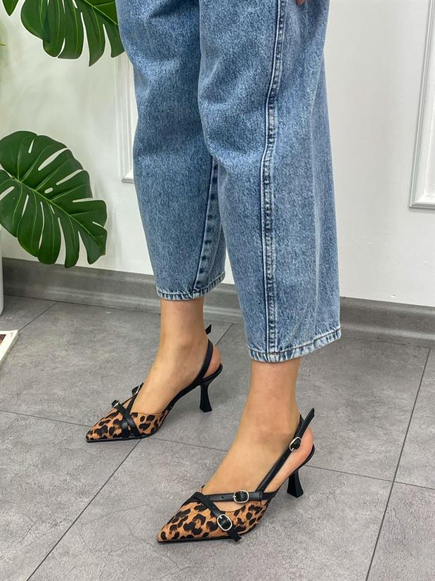 Leopar Saten (Wesley) İki  Bantlı Toka Detay Kadın Stiletto