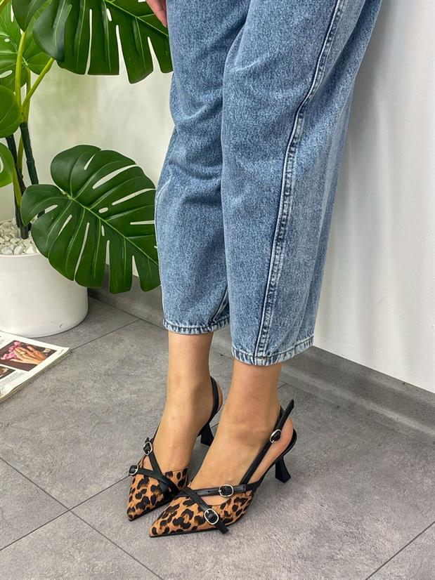 Leopar Saten (Wesley) İki  Bantlı Toka Detay Kadın Stiletto
