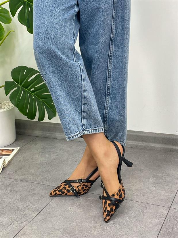 Leopar Saten (Wesley) İki  Bantlı Toka Detay Kadın Stiletto