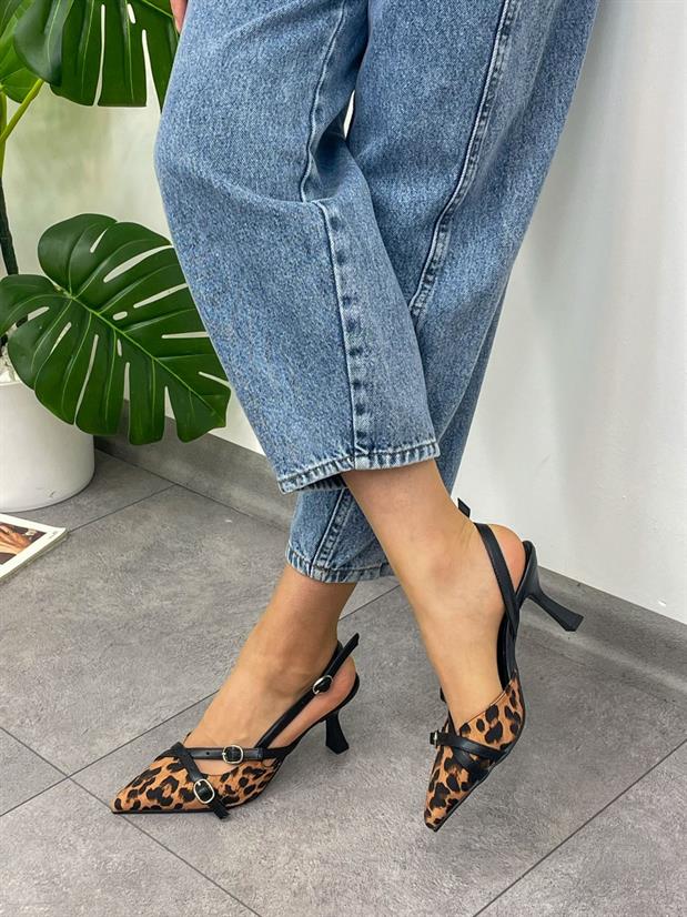Leopar Saten (Wesley) İki  Bantlı Toka Detay Kadın Stiletto