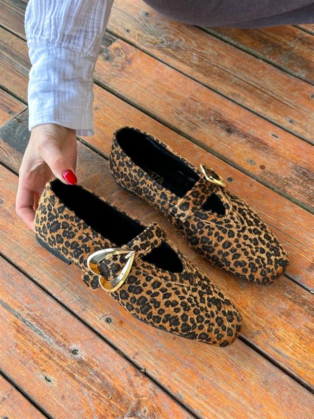 Leopar Süet (Lovely) Kalp Aksesuar Kadın Babet