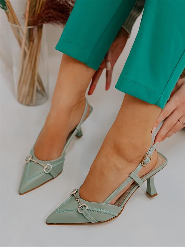 Mint Yeşil Deri (Moss) Toka Detay Kadın Stiletto