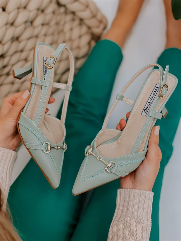 Mint Yeşil Deri (Moss) Toka Detay Kadın Stiletto
