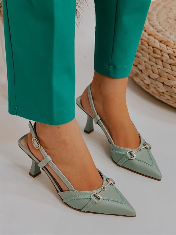 Mint Yeşil Deri (Moss) Toka Detay Kadın Stiletto