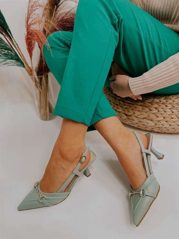 Mint Yeşil Deri (Moss) Toka Detay Kadın Stiletto