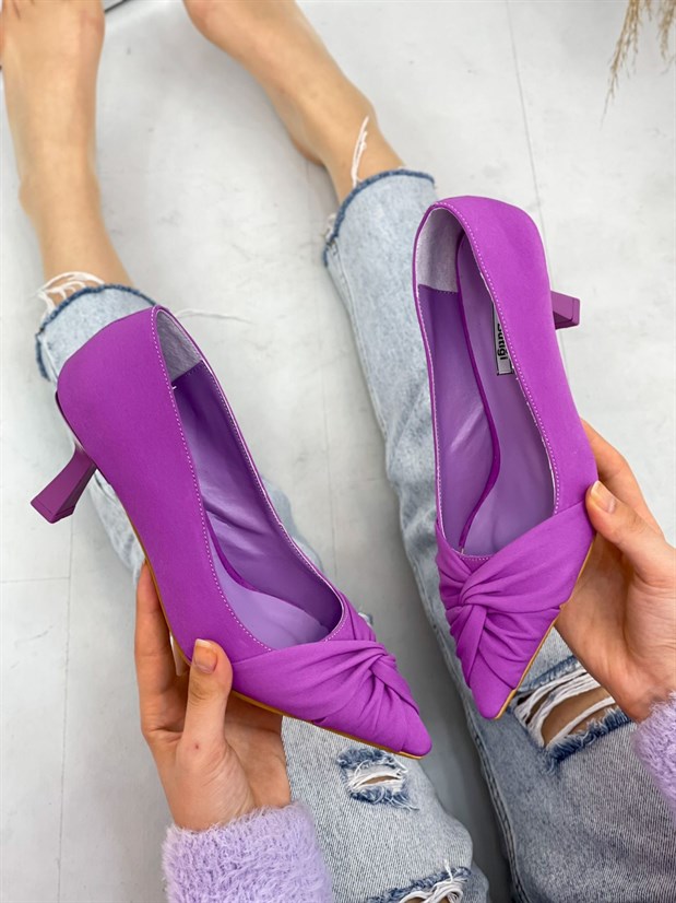Mor Saten (CrossBow) Fiyonk Detay Kadın Stiletto
