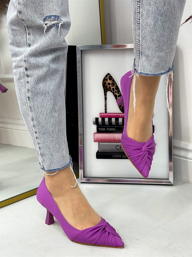 Mor Saten (CrossBow) Fiyonk Detay Kadın Stiletto