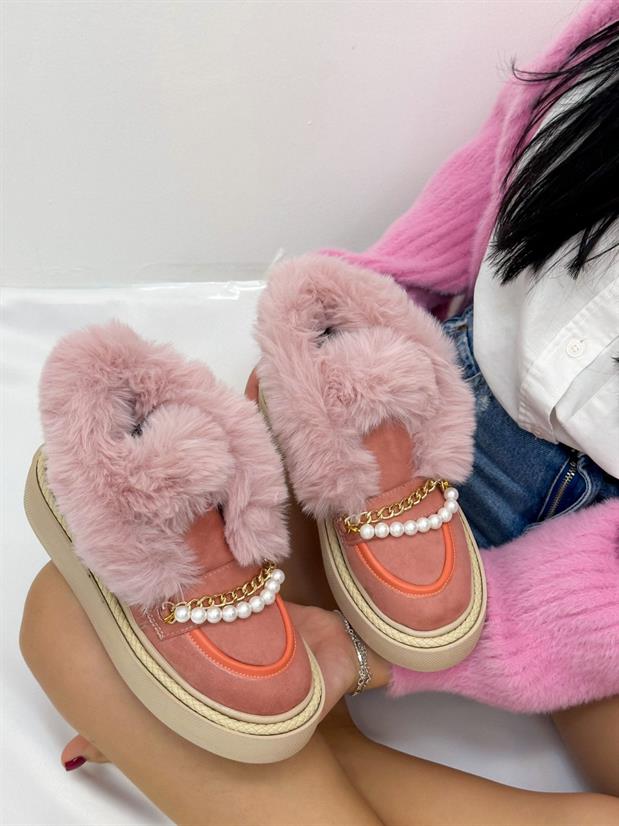 Pudra Süet (Loretta) Tüylü İnci Detay Kadın Bot