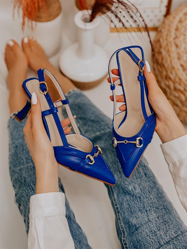 Saks Mavi Deri (Moss) Toka Detay Kadın Stiletto