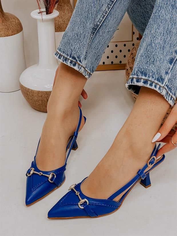 Saks Mavi Deri (Moss) Toka Detay Kadın Stiletto