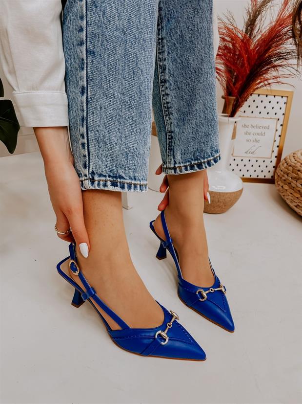 Saks Mavi Deri (Moss) Toka Detay Kadın Stiletto