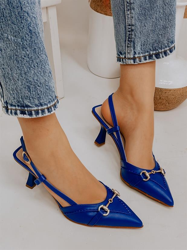 Saks Mavi Deri (Moss) Toka Detay Kadın Stiletto