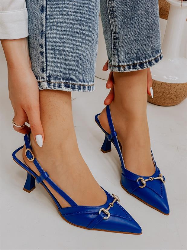 Saks Mavi Deri (Moss) Toka Detay Kadın Stiletto