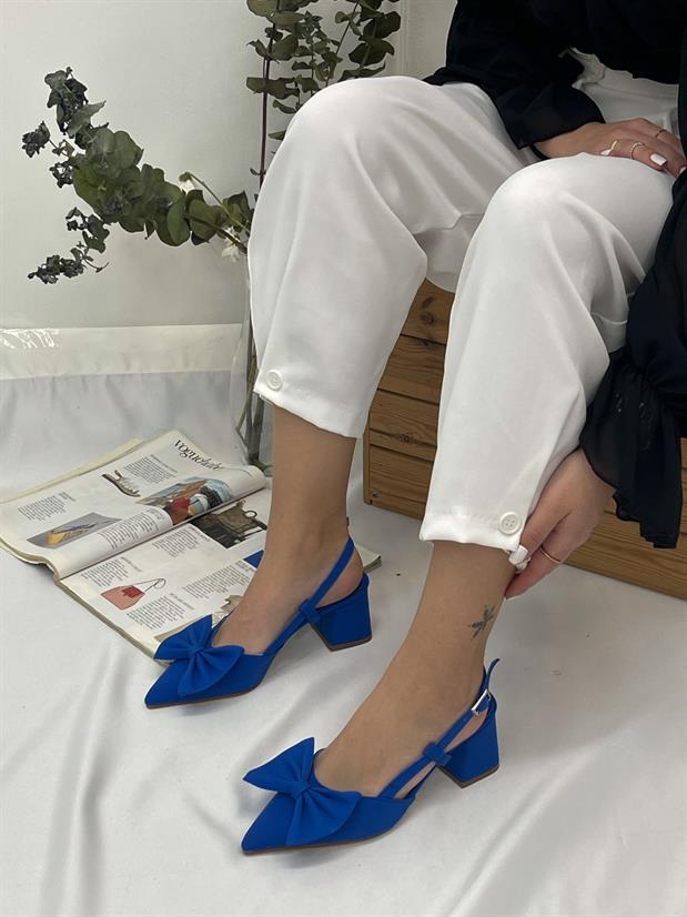 Saks Mavi Saten (Fairy) Fiyonk Detay Kadın Topuklu Ayakkabı