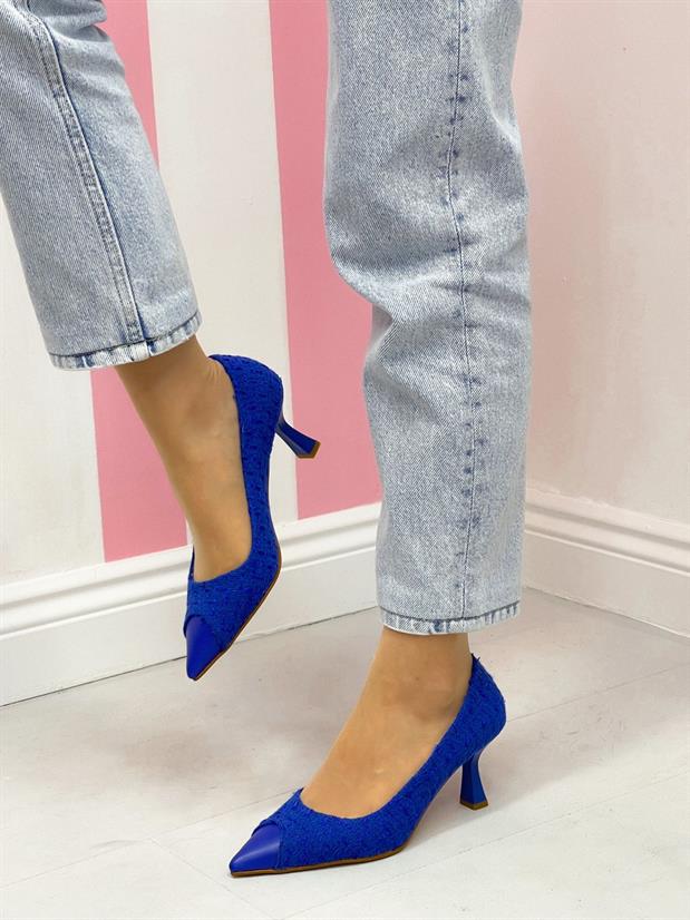 Saks Mavi Tüvit (Tress) Maskelet Detay Kadın Stiletto
