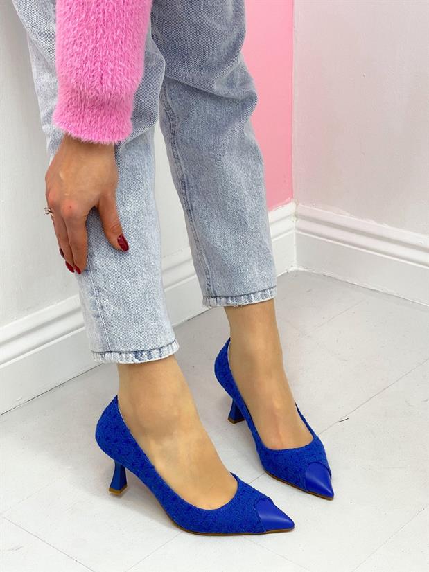 Saks Mavi Tüvit (Tress) Maskelet Detay Kadın Stiletto
