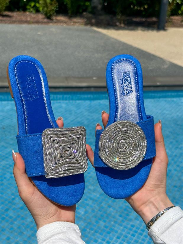 Saks Mavisi Süet (Lolly) Gümüş Taş Detay Kadın Terlik