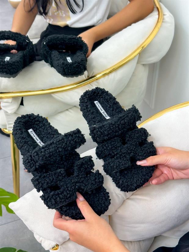 Siyah (Barbie) Teddy Kumaş Kadın Ev Terliği