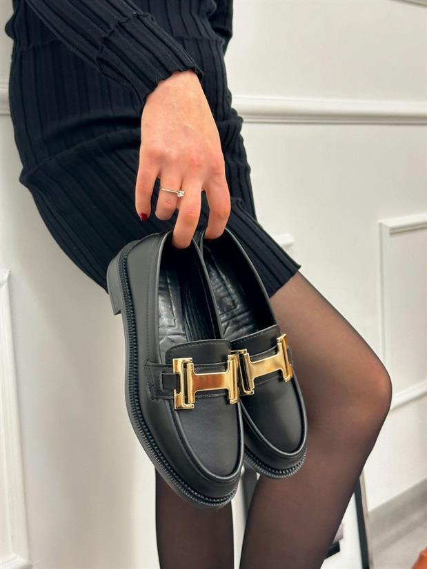 Siyah Cilt ( Ellie) Gold Toka Detay Ortopedik Taban Kadın Loafer