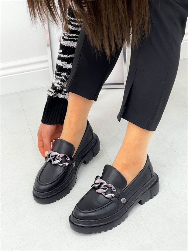 Siyah Cilt (Fabio) Üç Tokalı Kadın Loafer