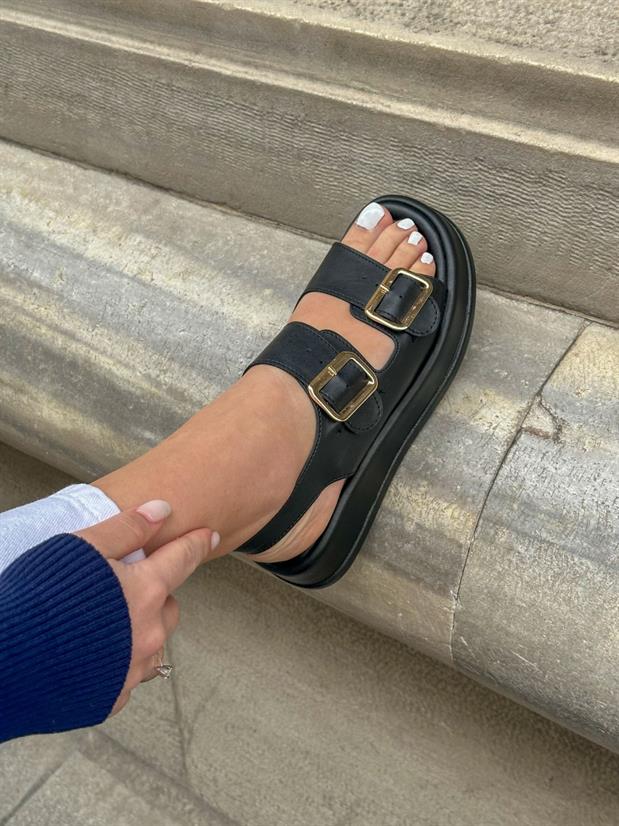Siyah Cilt (Jenny) Gold Toka Detay Kadın Sandalet