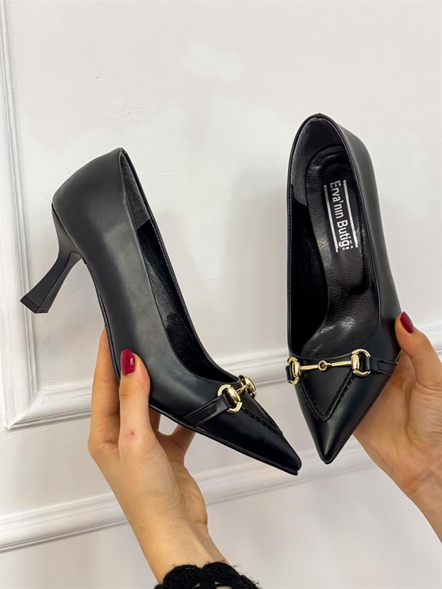 Siyah Cilt (MossCross) Toka Detay Kadın Stiletto