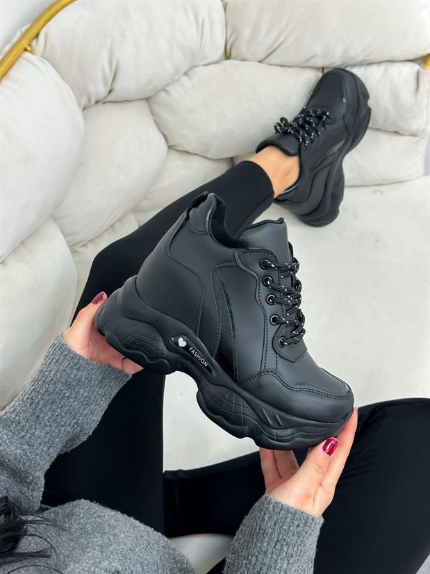 Siyah Cilt (Simple) Kadın Gizli Topuklu Bağcıklı Sneakers