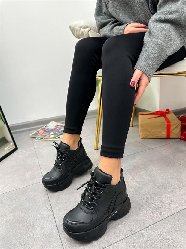 Siyah Cilt (Simple) Kadın Gizli Topuklu Bağcıklı Sneakers