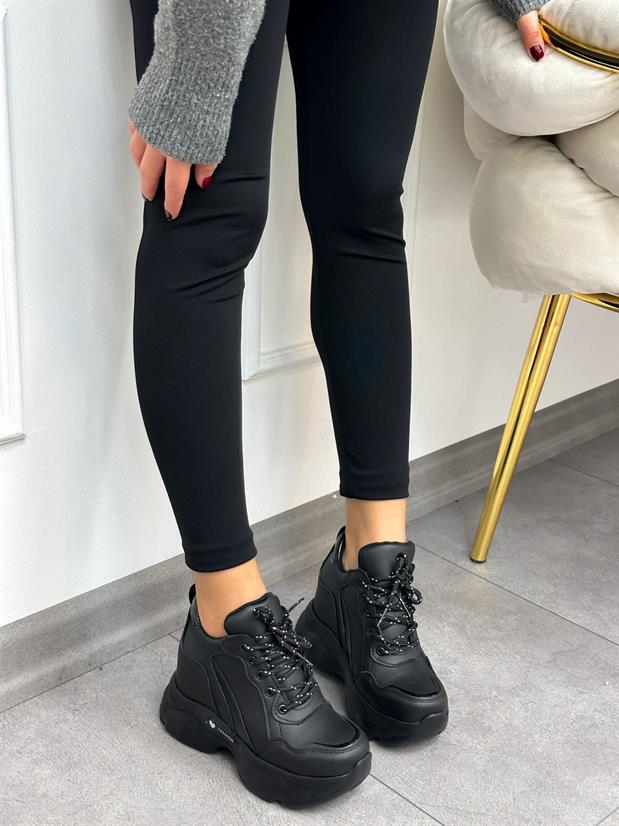 Siyah Cilt (Simple) Kadın Gizli Topuklu Bağcıklı Sneakers