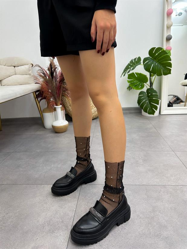 Siyah Cilt (Stone) Taş Detay Kadın Loafer