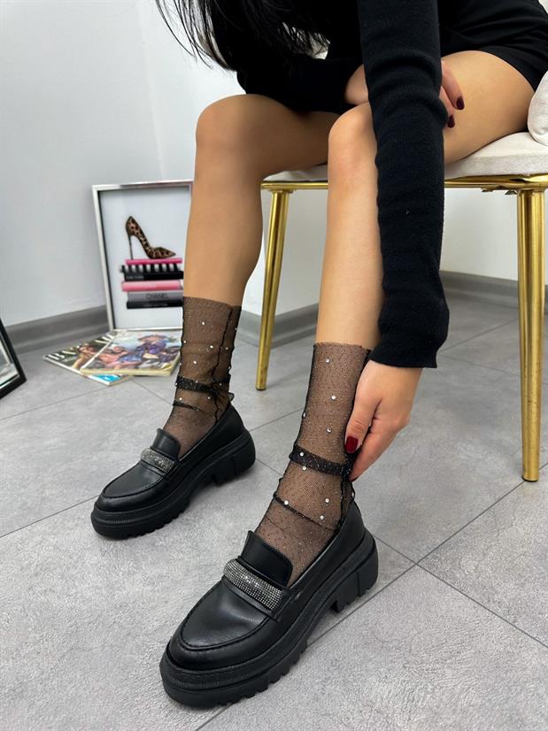 Siyah Cilt (Stone) Taş Detay Kadın Loafer