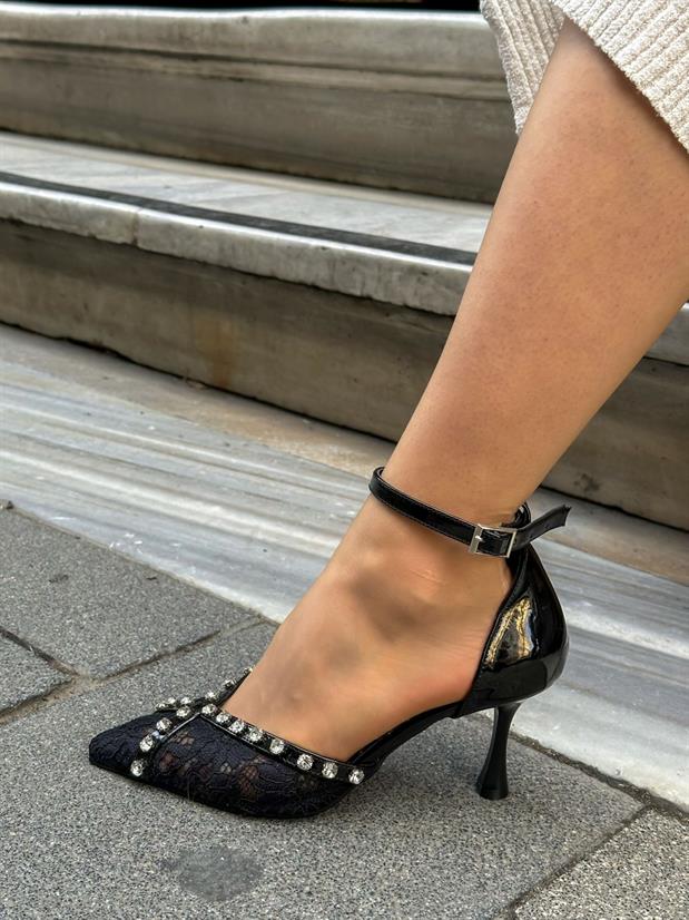 Siyah Dantel (Simmy) Taş Detay Kadın Stiletto