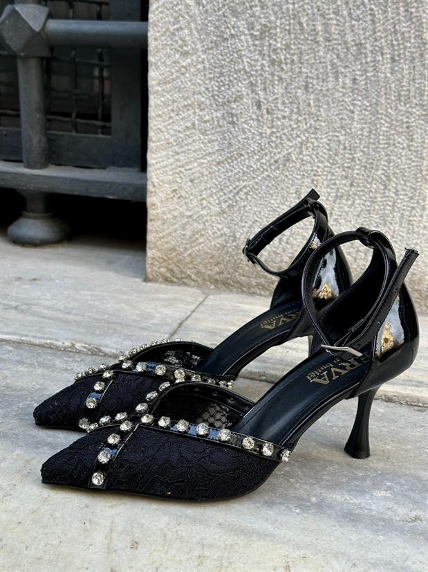 Siyah Dantel (Simmy) Taş Detay Kadın Stiletto