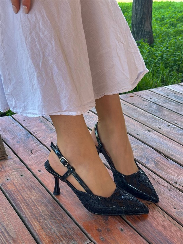 Siyah Dantelli (Slow) Topuklu Kadın Stiletto