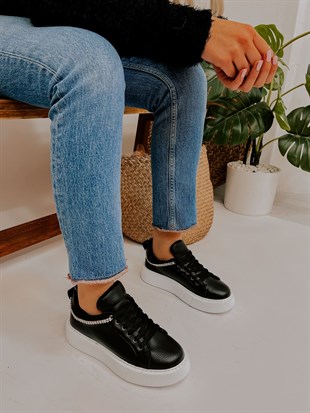 Siyah Deri (Jersey) Taş Detay Kadın Bağcıklı Sneakers