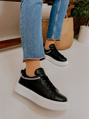 Siyah Deri (Jersey) Taş Detay Kadın Bağcıklı Sneakers