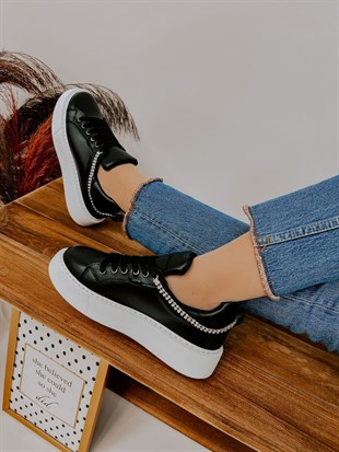 Siyah Deri (Jersey) Taş Detay Kadın Bağcıklı Sneakers