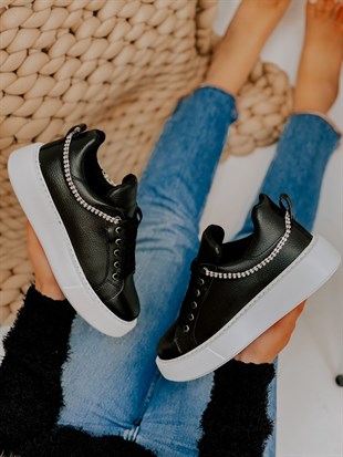 Siyah Deri (Jersey) Taş Detay Kadın Bağcıklı Sneakers