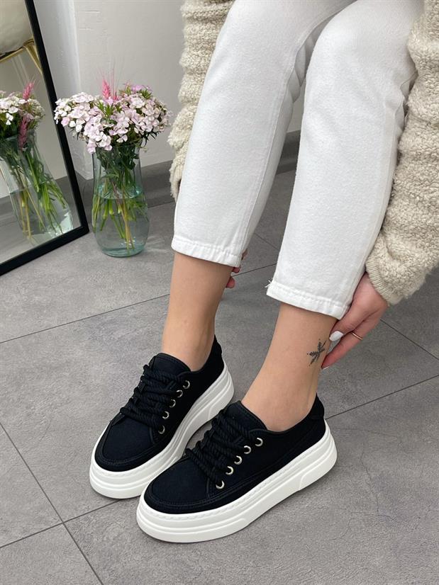 Siyah Keten (Werner) Bağcıklı Kadın Sneakers