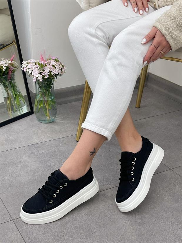 Siyah Keten (Werner) Bağcıklı Kadın Sneakers