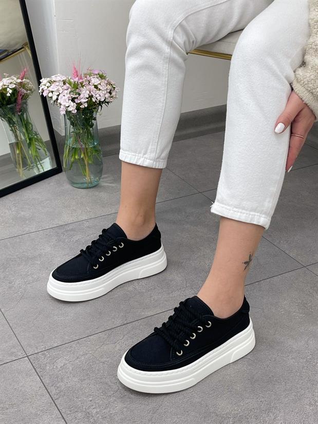 Siyah Keten (Werner) Bağcıklı Kadın Sneakers
